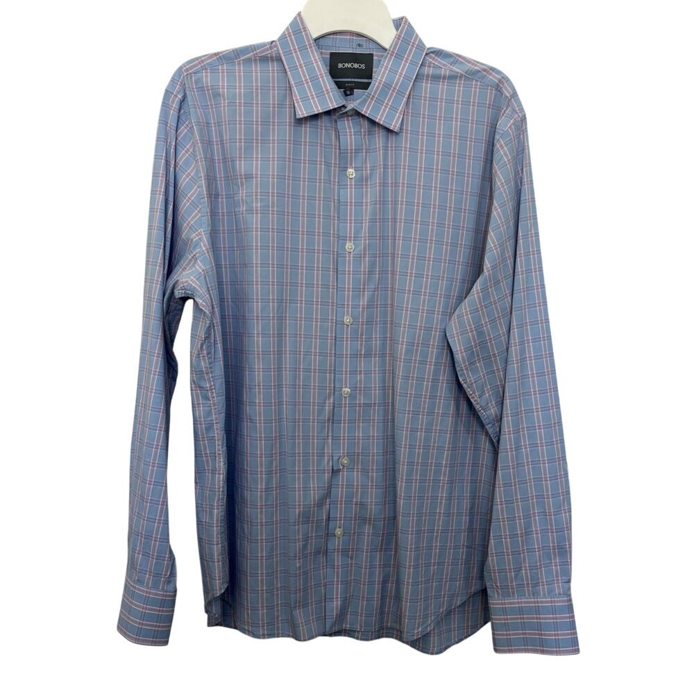 Bonobos Light Blue Pink Plaid Slim Fit Button Up Collared Shirt Size XL Stretch